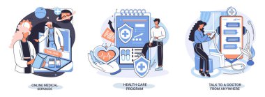 Gezici tıp. Çevrimiçi tıbbi hizmetler metaforu, sağlık hizmetleri programı, her yerden doktorla konuşun.