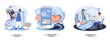 Çevrimiçi tıbbi hizmetler metaforu, danışma sitesi ve mobil uygulamalar, herhangi bir yerden doktorla konuşun