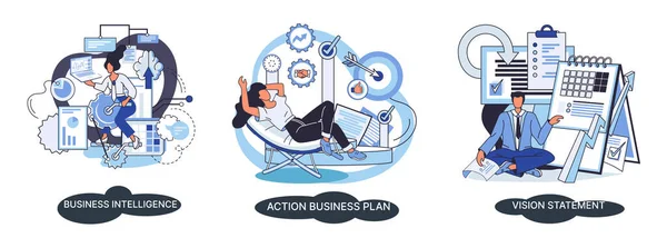 전략적 인 사업 계획, 자동화 과정. 사업 임무, 규칙, 시각 정보, 경쟁력있는 지능 — 스톡 벡터