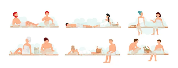 Sauna y sala de vapor. Conjunto de personas en sauna. La gente se relaja y vapor con escobas de abedul en banya — Archivo Imágenes Vectoriales