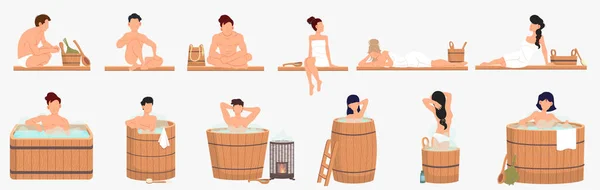 Set of illustrations people and wellness spa procedures in wooden water barrel, home sauna concept — Vettoriale Stock