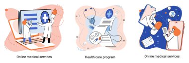 Çevrimiçi tıbbi hizmetler web sitesi ve mobil uygulamalar, profesyonel tıbbi danışma metaforu edinin