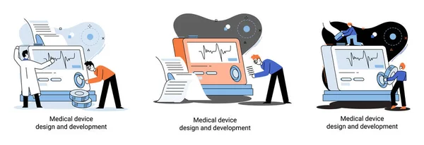 Il banner di progettazione e sviluppo di dispositivi medici con lo scienziato sviluppa attrezzature e metafora sperimentale — Vettoriale Stock