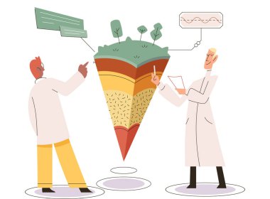 Toprak analizi ve toprak kirliliği veya yapı kontrolü. Yer seviyesini ölçen bilim adamı durum metaforu