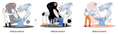 Tıbbi araştırma metaforu. Laboratuvar teşhis hizmetleri. Bilim adamları ekipman ve mikroskopla çalışıyorlar