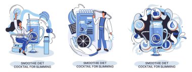 Smoothie minik insan konseptini zayıflatmak için sağlıklı bir diyet kokteyli gibi. Vejetaryen detoks yemeği ve metafor.