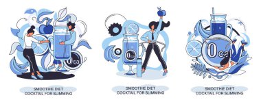 Smoothie minik insan konseptini zayıflatmak için sağlıklı bir diyet kokteyli gibi. Vejetaryen detoks yemeği ve metafor.