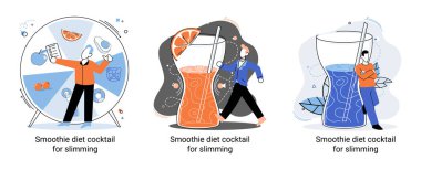 Küçük insan konseptini zayıflatmak için sağlıklı bir diyet kokteyli olarak yeşil smoothie. Vegan detoks gıda metaforu