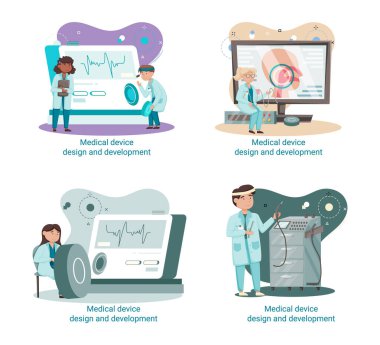 Bilim adamlarıyla tıbbi cihaz tasarımı ve geliştirme afişi ekipman ve deney metaforu geliştirir