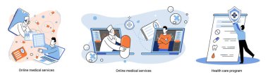 Çevrimiçi tıbbi hizmetler web sitesi ve mobil uygulamalar, profesyonel tıbbi danışma metaforu edinin