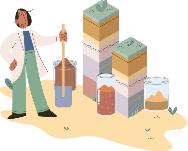 Toprak analizi ve toprak kirliliği veya yapı kontrolü. Yer seviyesini ölçen bilim adamı durum metaforu