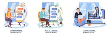Çevrimiçi tıbbi hizmetler metaforu, danışma sitesi ve mobil uygulamalar, herhangi bir yerden doktorla konuşun