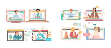 Sanal toplantı, online takım çalışması. Video konferansına katılan bir grup meslektaşla bilgisayar