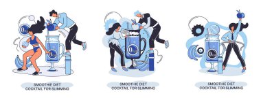 Smoothie minik insan konseptini zayıflatmak için sağlıklı bir diyet kokteyli gibi. Vejetaryen detoks yemeği ve metafor.