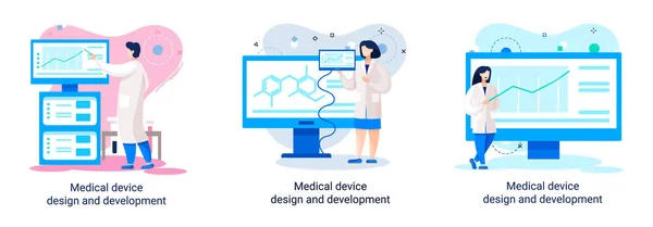 Bilim adamlarıyla tıbbi cihaz tasarımı ve geliştirme afişi ekipman ve deney metaforu geliştirir — Stok Vektör