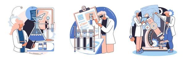 Ricerca medica. Servizi di diagnostica di laboratorio, progettazione e sviluppo di dispositivi medici set metafora — Vettoriale Stock