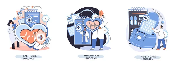 의료 프로그램, 온라인 의료 서비스, 보호 의약품, 의료 보험, 원격 의료 메타포 — 스톡 벡터