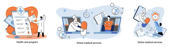 온라인 의료 서비스 웹 사이트 및 모바일 애플리케이션, 전문적 인 의학 상담 메타포를 얻을 — 스톡 벡터