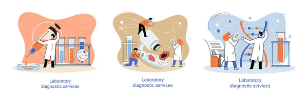 Laboratóriumi diagnosztikai szolgáltatások, egészségügyi mutatók kutatás, kezelés, orvosi vizsgálat klinikai metaforákban — Stock Vector