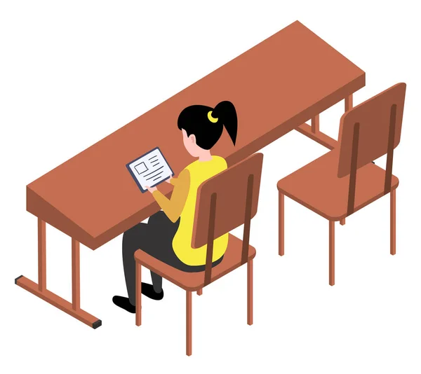 Estudiante niña personaje en la biblioteca libro de lectura sentado en la mesa, mujer en la librería o sala de la escuela — Vector de stock