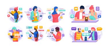 Ses asistanı. Akıllı hoparlör sanal asistanı, ses robotu, ses kontrollü akıllı hoparlör kullanan insanlar. Ses etkinleştirilmiş dijital kimlik kontrolü erişimi olmayan mobil cihaz mikrofonu