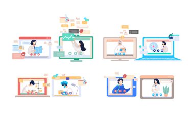 Çevrimiçi doktor konferansı, akıllı telefonunuzla danışma. Tıbbi uygulama ve web siteleri için kavram. Bilim adamlarının, virüslere ve bilimsel araştırmalara karşı savaşmaları üzerine yaptıkları uzak toplantılar.