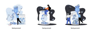 Saving account concept metaphor. People with coins and piggy bank. Accumulation of funds, wealth, passive income. Receiving interest from keeping money, safe future. Banking services, internet payment clipart