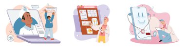 Çevrimiçi tıbbi danışmanlık ve destek metaforu. Çevrimiçi doktor. Sağlık hizmetleri, doktora sorun. Tele tıp e-sağlık servisi. Terapist telefon ekranını arıyor. Hastaların teşhisi