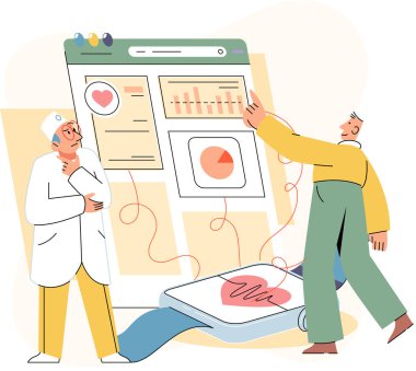 Çevrimiçi tıbbi danışmanlık ve destek metaforu. Çevrimiçi doktor. Sağlık hizmetleri, doktora sorun. Tele tıp e-sağlık servisi. Terapist telefon ekranını arıyor. Hastaların teşhisi