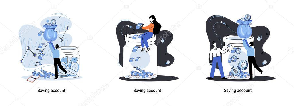 Saving account concept metaphor. People with coins and piggy bank. Accumulation of funds, wealth, passive income. Receiving interest from keeping money, safe future. Banking services, internet payment