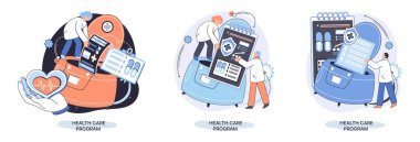 Sağlık programı metaforu, çevrimiçi sağlık hizmetleri, koruma ilaçları. Sağlık sigortası, hastane hizmetleri, önleyici kontroller, hastalık izni tedavisi hastaları, teletıp