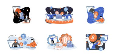 Kripto para birimi bitcoin madencilik metaforu Blockchain takas platformu. Siber bankacılık prosedürleri, bitcoin ticareti, cüzdan. Nakit işlemleri. Dijital para birimi, kripto para birimi pazarı, gizli madencilik