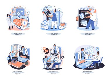 Sağlık programı metaforu, çevrimiçi sağlık hizmetleri, koruma ilaçları. Sağlık sigortası, hastane hizmetleri, önleyici kontroller, hastalık izni tedavisi hastaları, teletıp