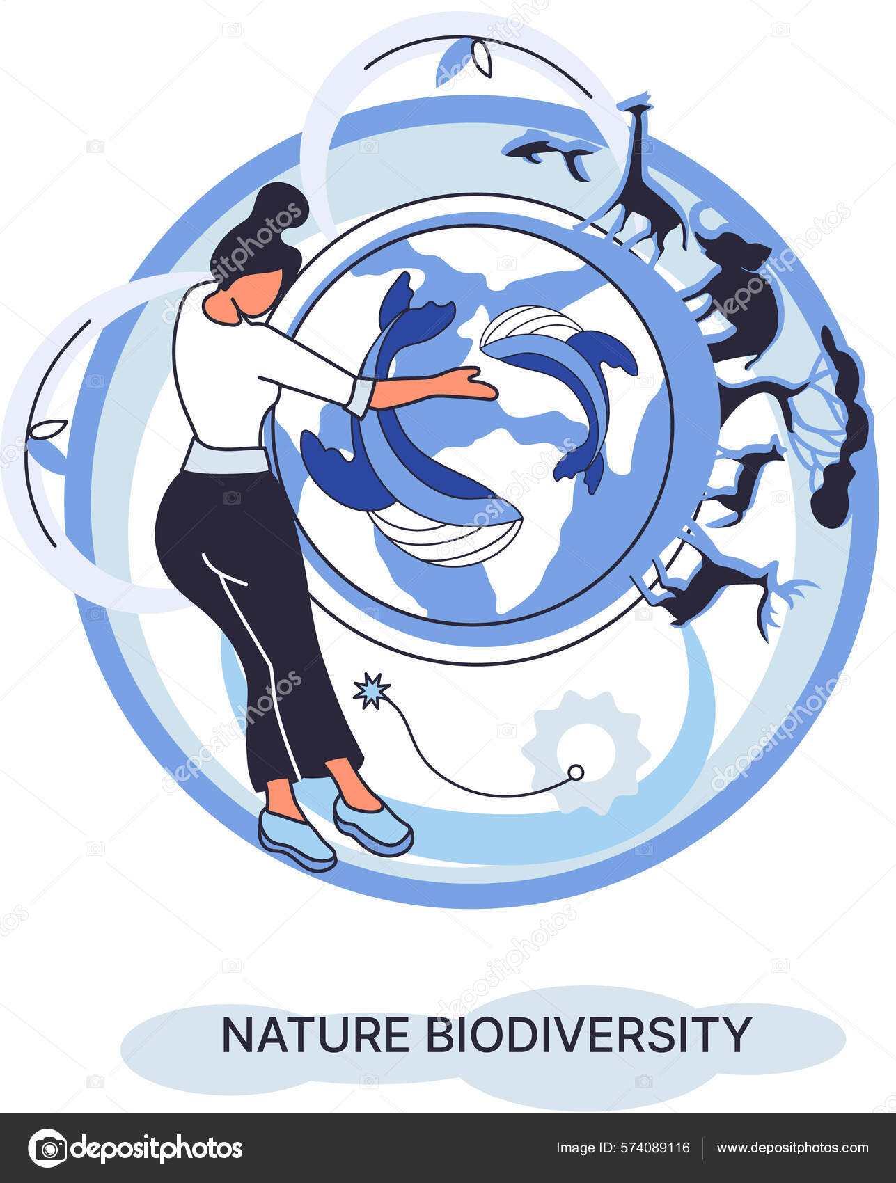 環境に優しい人間活動　自然界の生物多様性は地球上のさまざまな生命の環境として　574089116　野生生物生態系のメタファーを　植物や動物の保護とケア　多くの生物種　—　ストックベクター　©TopVector
