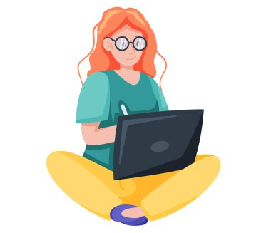 Nilüfer çiçeğinde dizüstü bilgisayar kullanan genç bir kadın bacak bacak üstüne atmış bir vektörle poz veriyor. Öğrenci evde otururken tablet üzerinde çalışıyor. Serbest çalışan ya da bilgisayarla uzaktan çalışan bir ofis çalışanı.