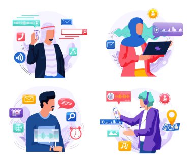 Ses asistanı. Akıllı hoparlör sanal asistanı, ses robotu, ses kontrollü akıllı hoparlör kullanan insanlar. Ses etkinleştirilmiş dijital kimlik kontrolü erişimi olmayan mobil cihaz mikrofonu