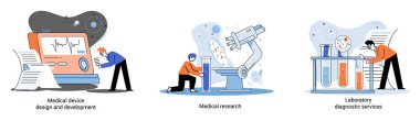 Tıbbi araştırma. Laboratuvar teşhis hizmetleri, tıbbi cihaz tasarım geliştirme sahneleri metaforu. Kimya kliniğindeki bilim adamları, mikrobiyoloji farmasötik araştırmaları. Aşı keşfi