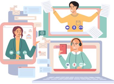 Sanal toplantı, online takım çalışması. Video konferansına katılan bir grup meslektaşla birlikte masaüstü bilgisayarı. Video konferans ve çevrimiçi iletişim için yazılım. Çevrimiçi kafatası oturumu, webinar