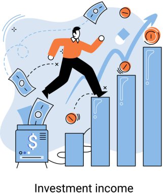 Hedefe ulaşmak için para, yatırım planı. Finansal özgürlükte başarı basamaklarını tırmanan adam. Gelire ya da maaş artışına ulaşmak için tırmanmak. İşadamı yatırım yapıyor, iş stratejisi planlıyor
