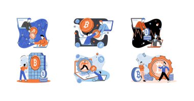 Kripto para birimi bitcoin madencilik metaforu Blockchain takas platformu. Siber bankacılık prosedürleri, bitcoin ticareti, cüzdan. Nakit işlemleri. Dijital para birimi, kripto para birimi pazarı, gizli madencilik