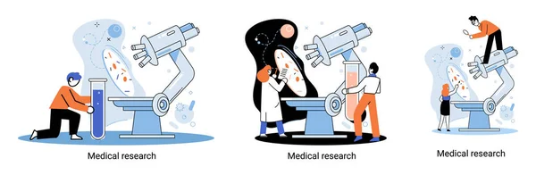 Tıbbi Araştırma Metaforu Laboratuvar Teşhis Hizmetleri Bilim Adamları Ekipman Mikroskop — Stok Vektör
