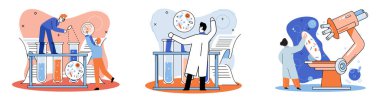 Tıbbi araştırma. Laboratuvar teşhis hizmetleri, tıbbi cihaz tasarım geliştirme sahneleri metaforu. Kimya kliniğindeki bilim adamları, mikrobiyoloji farmasötik araştırmaları. Aşı keşfi