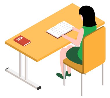 Kütüphanede kitap okuyan, masada oturan, kitapçıda ya da sınıfta oturan öğrenci kadın karakter. Kız eğitim alıyor, edebiyat okuyor, defter dersi alıyor, üniversitede ödev yapıyor.