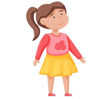 Günlük giysiler içinde yürüyen ve yukarı bakan genç bir kız. Tatlı çocuk arkasında bir şeye bakıyor. Beyaz arka planda yalnız başına, pembe kazak ve sarı etek giyen vektör kadın çocuk.