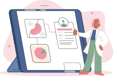 Çevrimiçi tıbbi danışmanlık ve destek metaforu. Çevrimiçi doktor. Sağlık hizmetleri, doktora sorun. Tele tıp e-sağlık servisi. Terapist telefon ekranını arıyor. Hastaların teşhisi