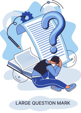 Ladge soru işareti. Sorun ve çözüm konsepti. Bilgi edinmek isteyen, sorular soran ve cevapları alan bir adam. Çevrimiçi destek merkezi. Karmaşık sorunları çözmek, neden imza, ikilem