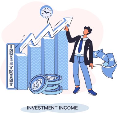 Yatırım, para biriktirme ve büyüme konsepti metaforu. Haritaları ve gelir artışının göstergelerini analiz eder. Menkul kıymetler ve ticari olmayan diğer yatırımlardan elde edilen yatırım gelirleri