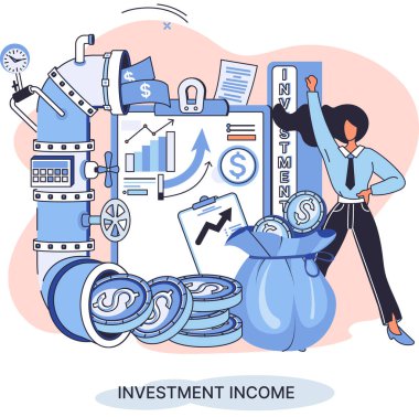 Yatırım, para biriktirme ve büyüme konsepti metaforu. Haritaları ve gelir artışının göstergelerini analiz eder. Menkul kıymetler ve ticari olmayan diğer yatırımlardan elde edilen yatırım gelirleri