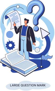 Ladge soru işareti. Sorun ve çözüm konsepti. Bilgi edinmek isteyen, sorular soran ve cevapları alan bir adam. Çevrimiçi destek merkezi. Karmaşık sorunları çözmek, neden imza, ikilem