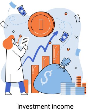 Yatırım, para biriktirme ve büyüme konsepti metaforu. Haritaları ve gelir artışının göstergelerini analiz eder. Menkul kıymetler ve ticari olmayan diğer yatırımlardan elde edilen yatırım gelirleri
